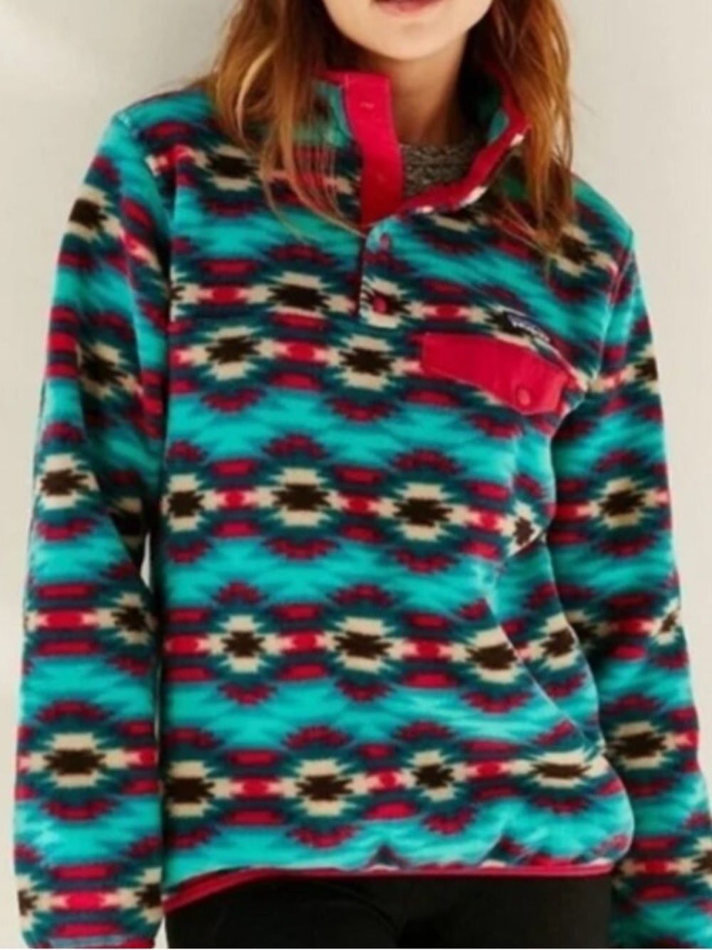 ❤️❤️EUC❤️❤️ Patagonia Teal Aztec Snap-T Fleece with Pink Accents